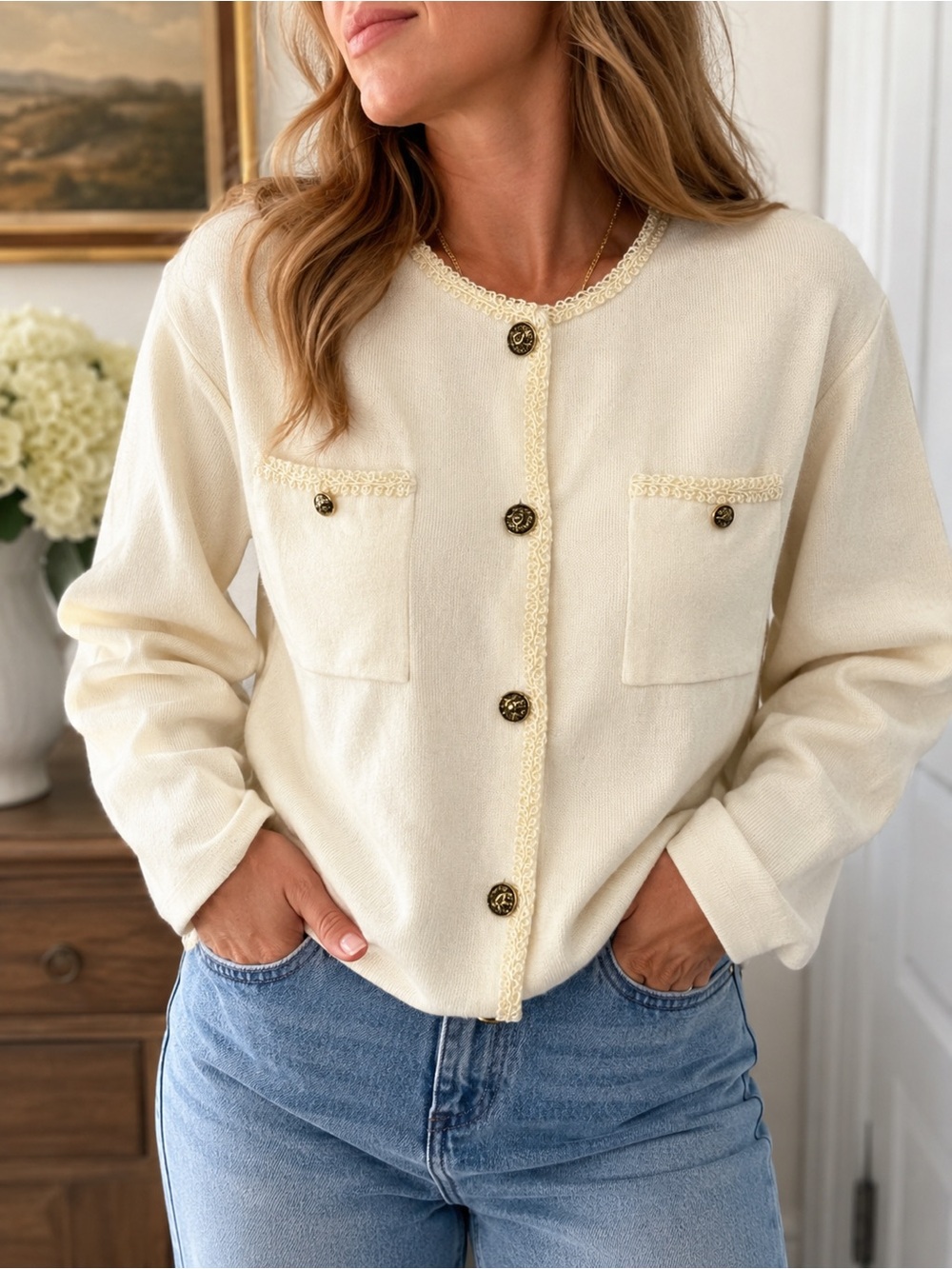 Vintage 1991 Susan Bristol Cream Cardigan Lion Buttons Wool Blend L